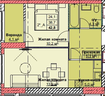 ЖК Каштановый двор, 2-комн кв 42,8 м2, за 9 416 000 ₽, 1 этаж